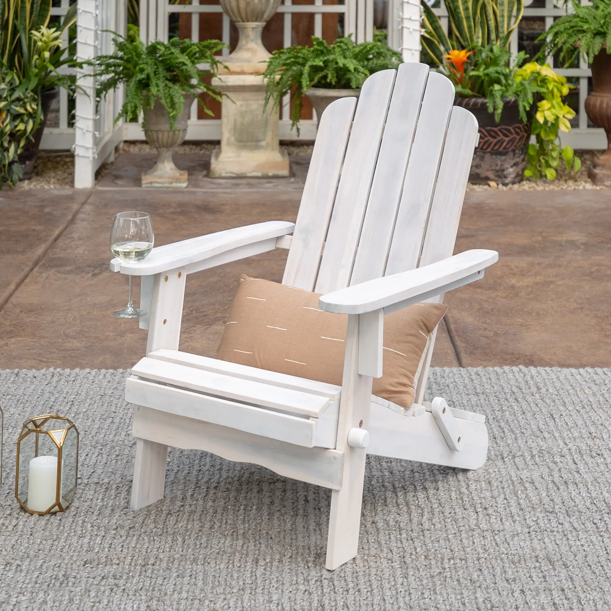 White Wood Adirondack Patio Chair with Glass Holder - Walker Edison