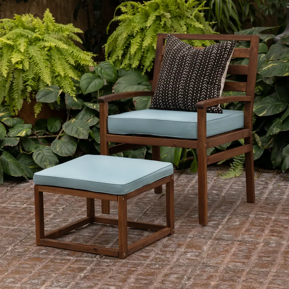 OWPAYCHOTDB Dark Brown Patio Chair & Ottoman with Blue Cushions-1