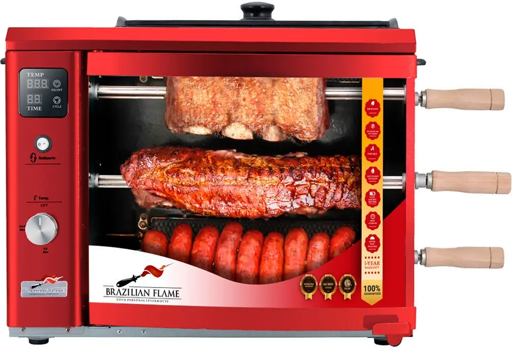 BG-03LXK-RED Brazilian Flame Rotisserie Grill with 3 Skewers and Upper Tray - Red-1