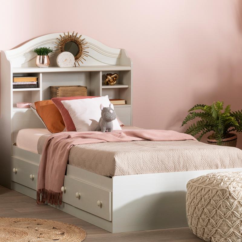 Cottage White Wash Twin Storage Bed, Twin Bed With Bookshelf Headboard