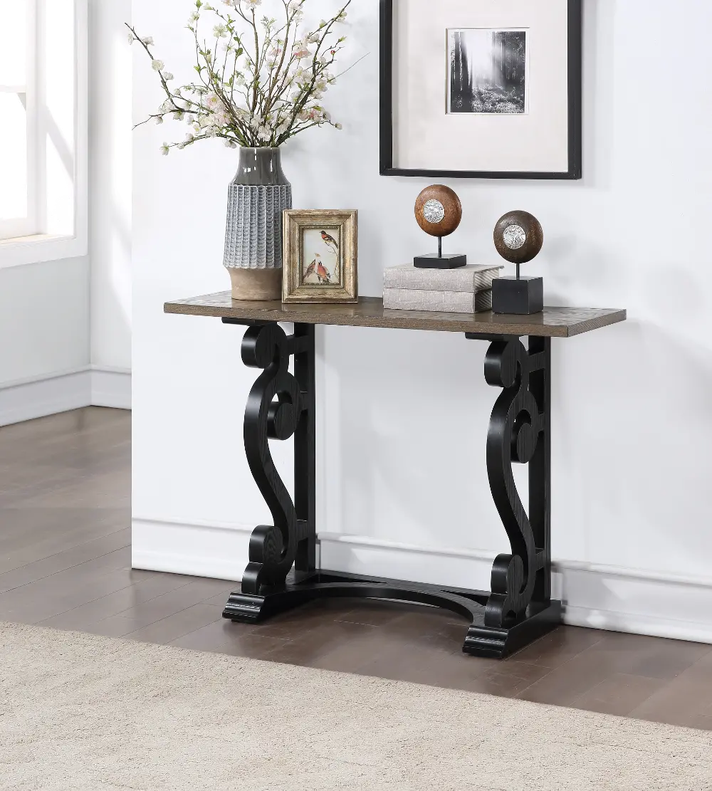 55647/GRAIN-CONSOLE Traditional Brown and Black Accent Console with Scroll Legs-1