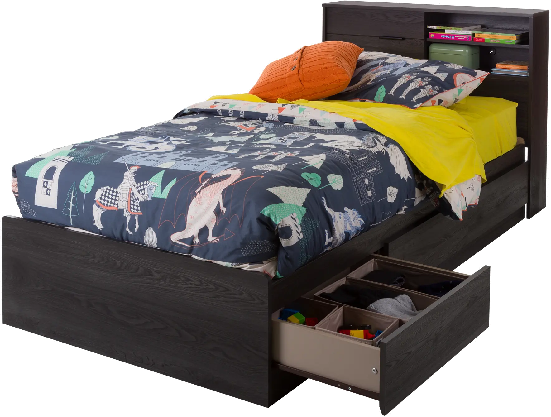 12507 Modern Gray Oak Bed with Bookcase Headboard - Sout sku 12507