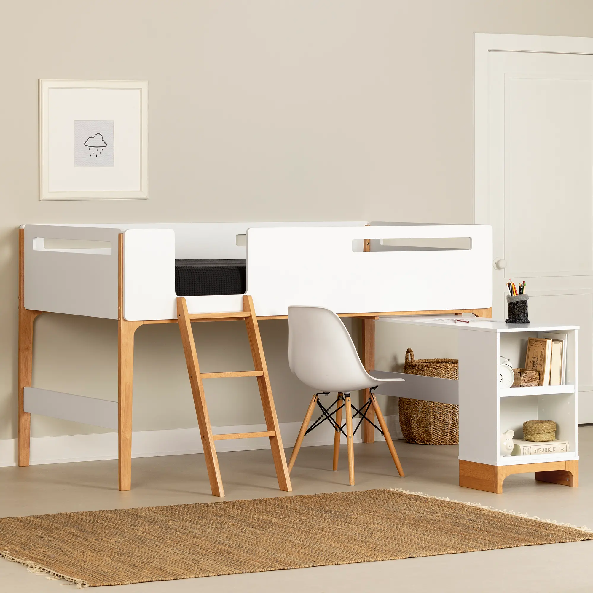 13211 Bebble White/Wood Loft Bed w/ Desk sku 13211