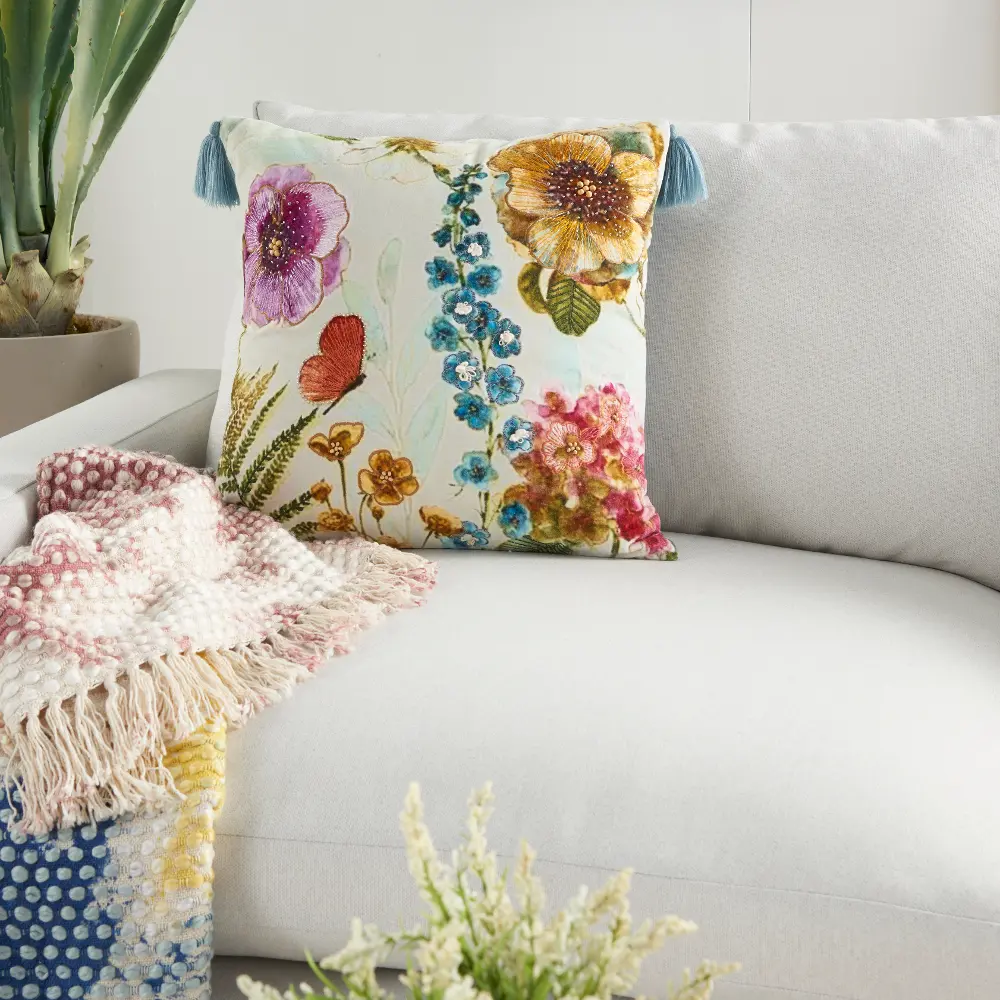Multi Color Floral Throw Pillow With Tassels-1