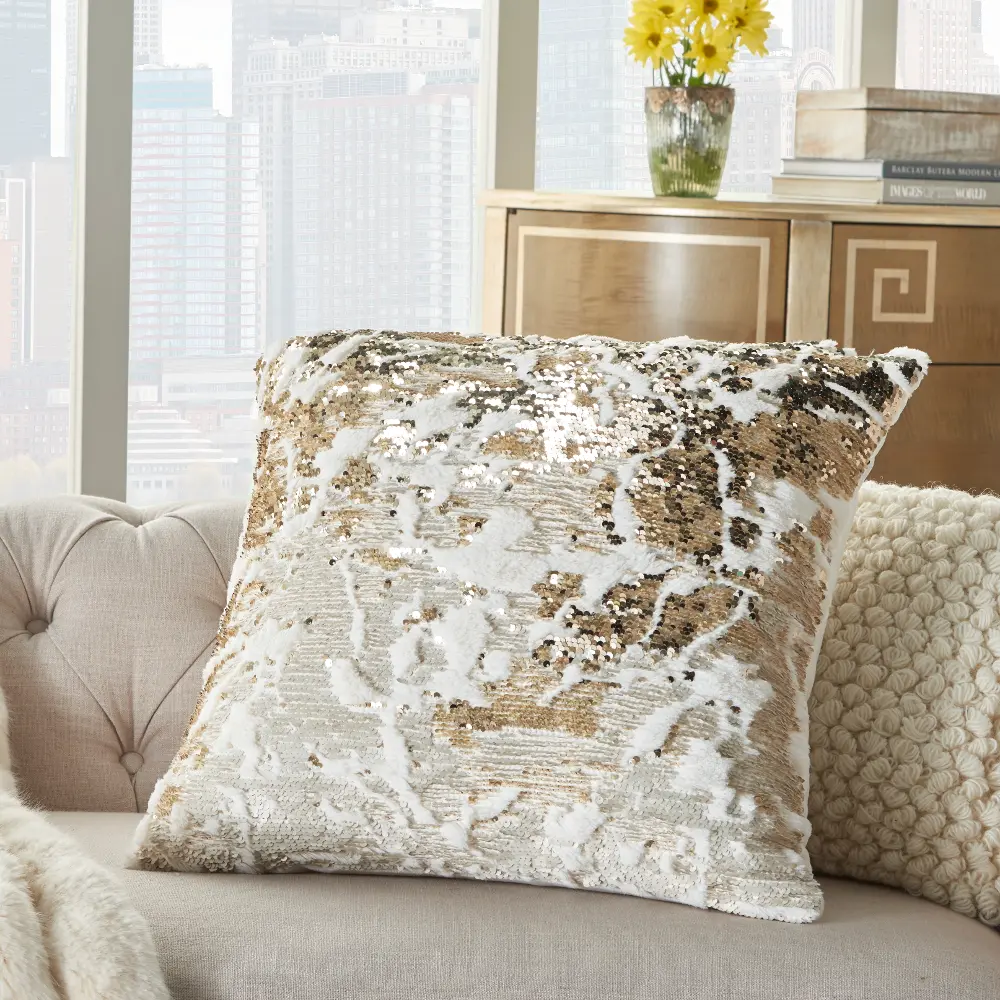Ivory and Gold Faux Fur Throw Pillow with Sequin Embellishment-1