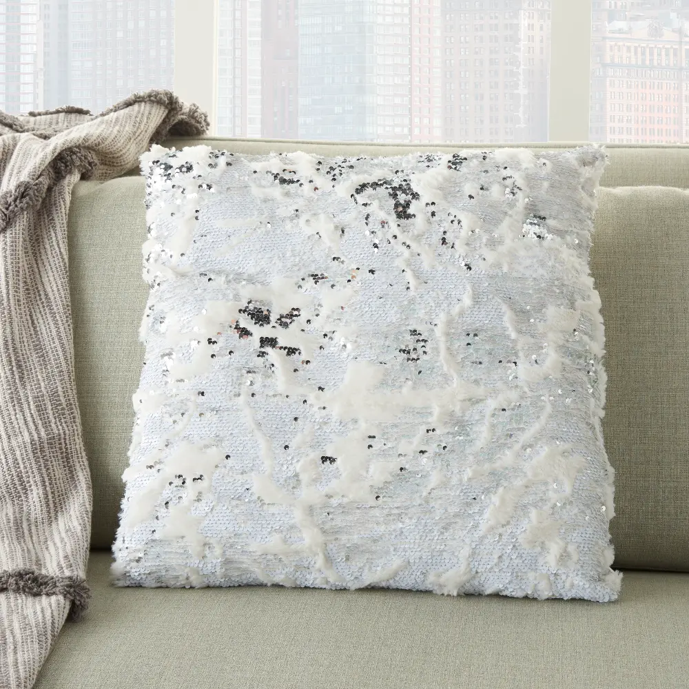 White and Silver Faux Fur Throw Pillow with Sequin Embellishment-1