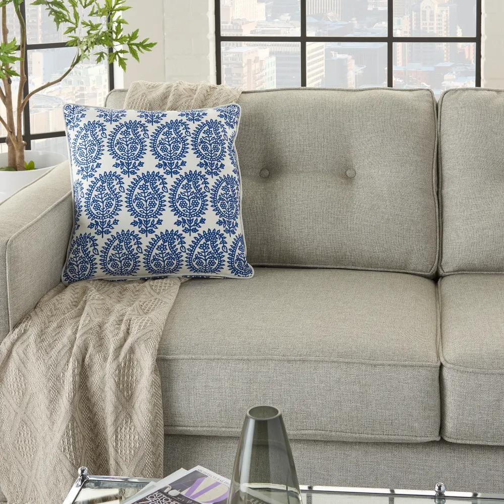 Off White and Printed Blue Paisley Throw Pillow-1