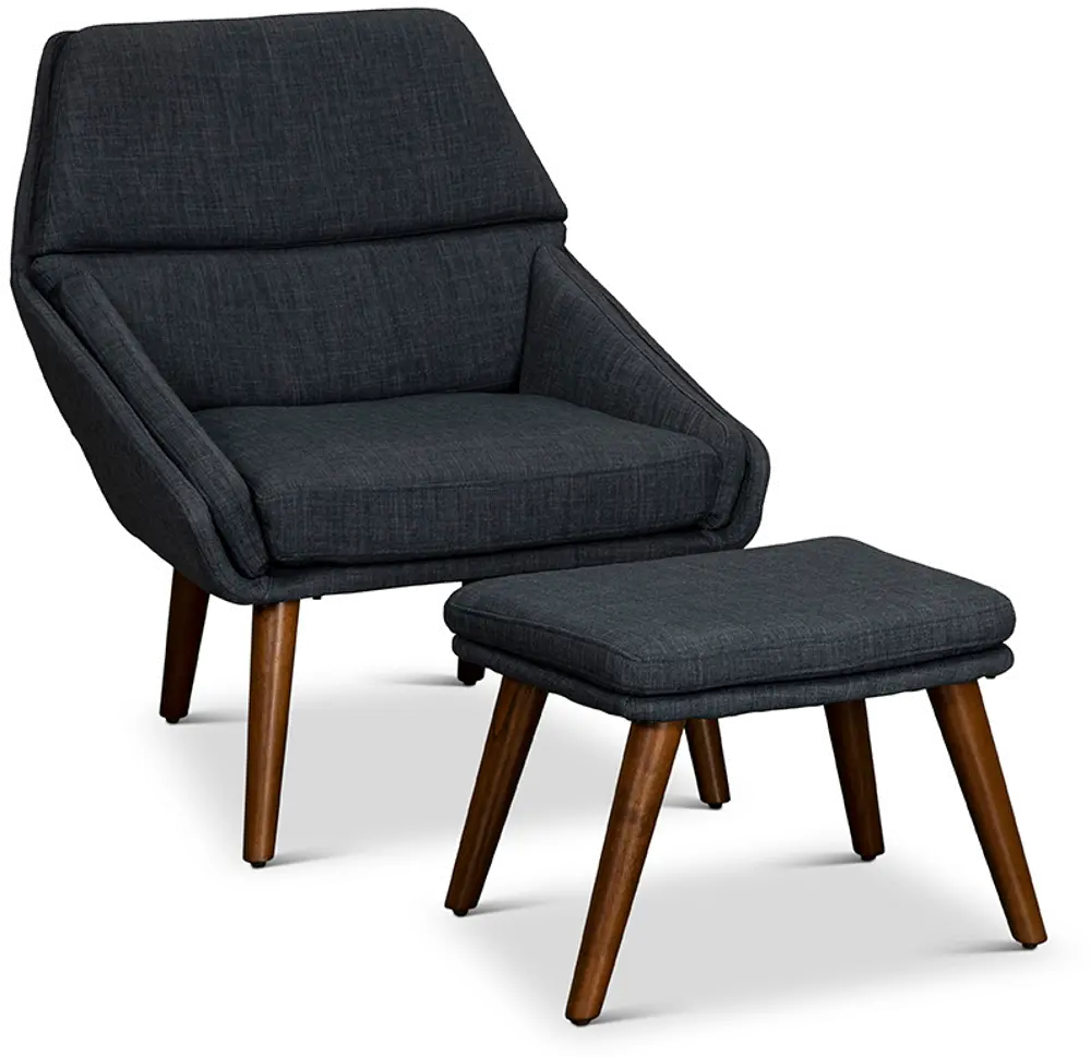 Mid Century Modern Navy Blue Chair and Ottoman - Bendal-1