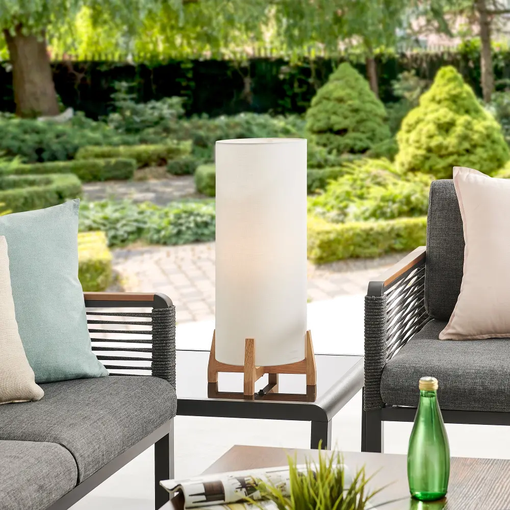 Hayes White and Wood Outdoor Cordless Table Lamp with Rechargeable Bulb-1