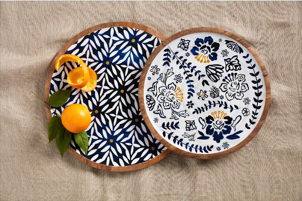 Floral Indigo Blue, White and Yellow Serving Wood Tray Set-1