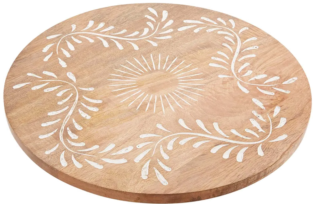 Mango Wood Lazy Susan with Carved White Wash Detailing-1