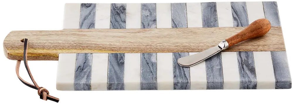 Gray and White Striped Marble and Wood Board and Spreader Set-1