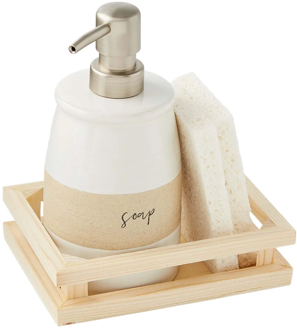White and Light Brown Soap Dispenser, Sponge and Crate Set-1