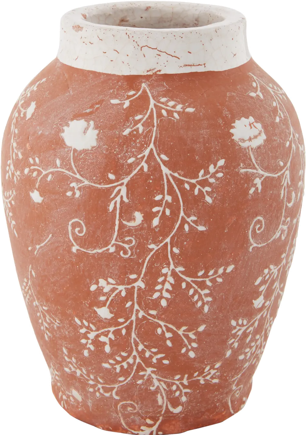 8 Inch Orange-Red Floral Terracotta Vase with Crackle Rim-1
