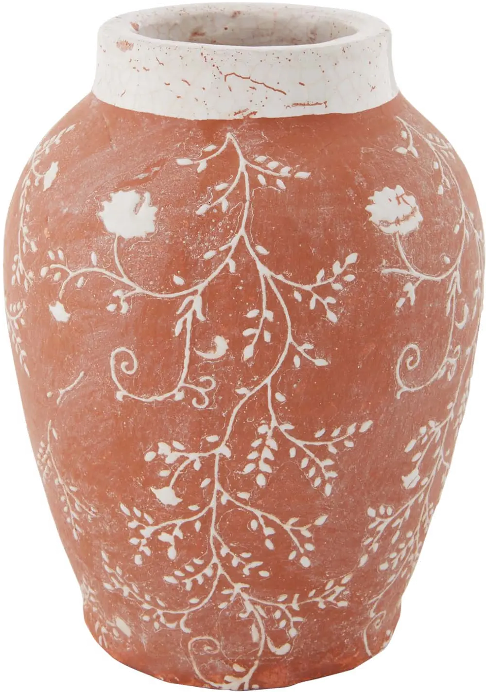 7 Inch Orange-Red Floral Terracotta Vase with Crackle Rim-1