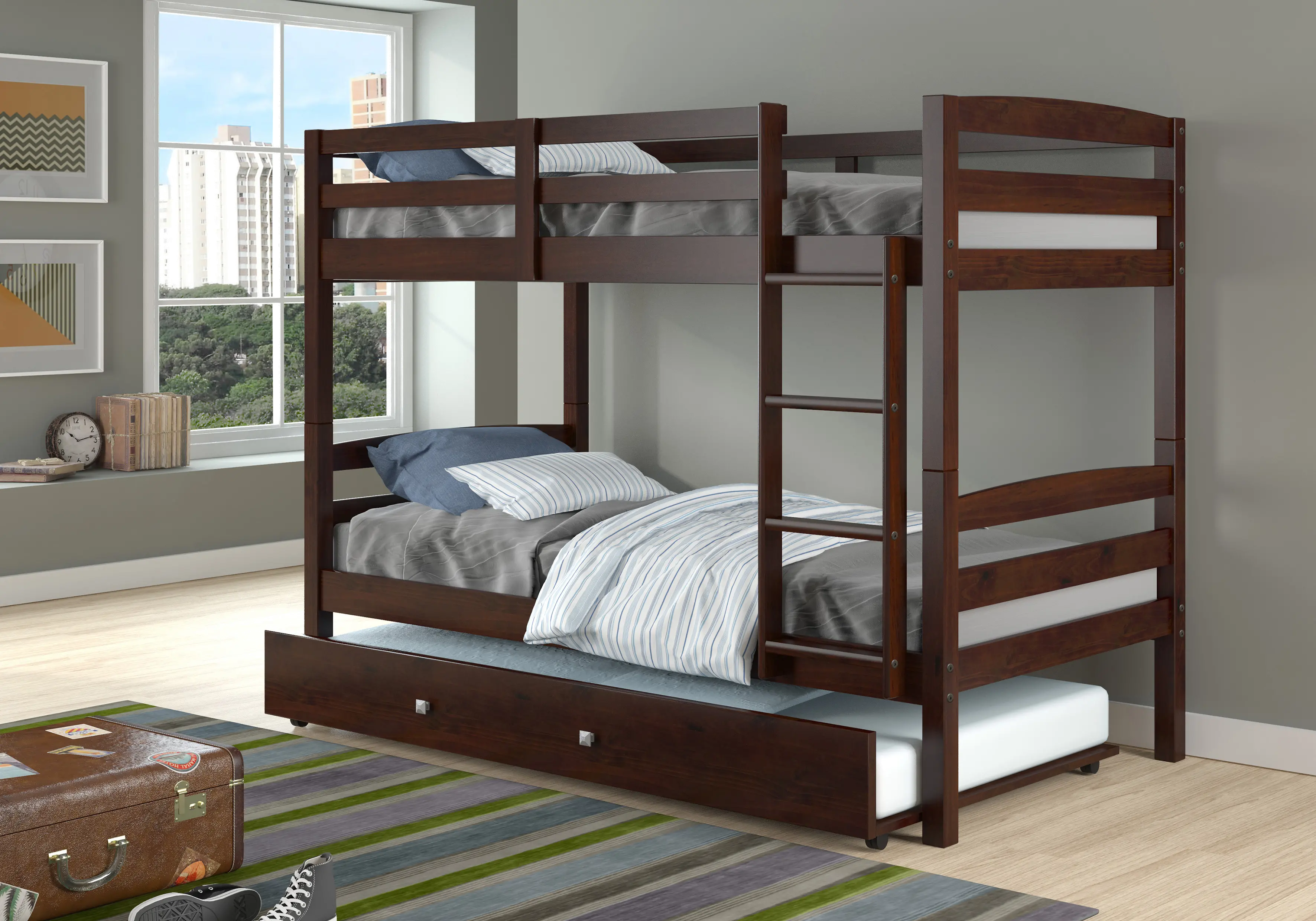 Warren Dark Cappuccino Twin Over Twin Trundle Bunk Bed