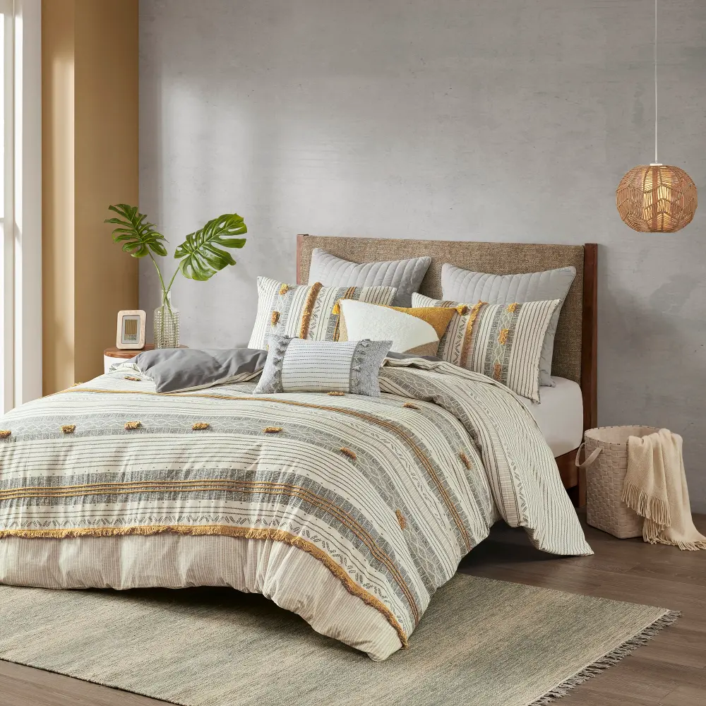 Gray and Yellow Striped Queen Cody 3 Piece Bedding Collection-1