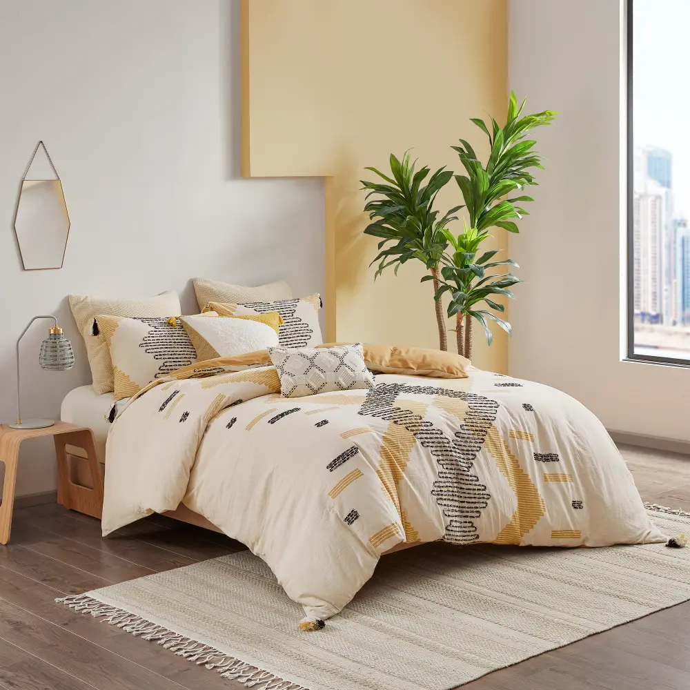 Yellow and Gray Geometric Queen Arizona 3 Piece Bedding Collection-1