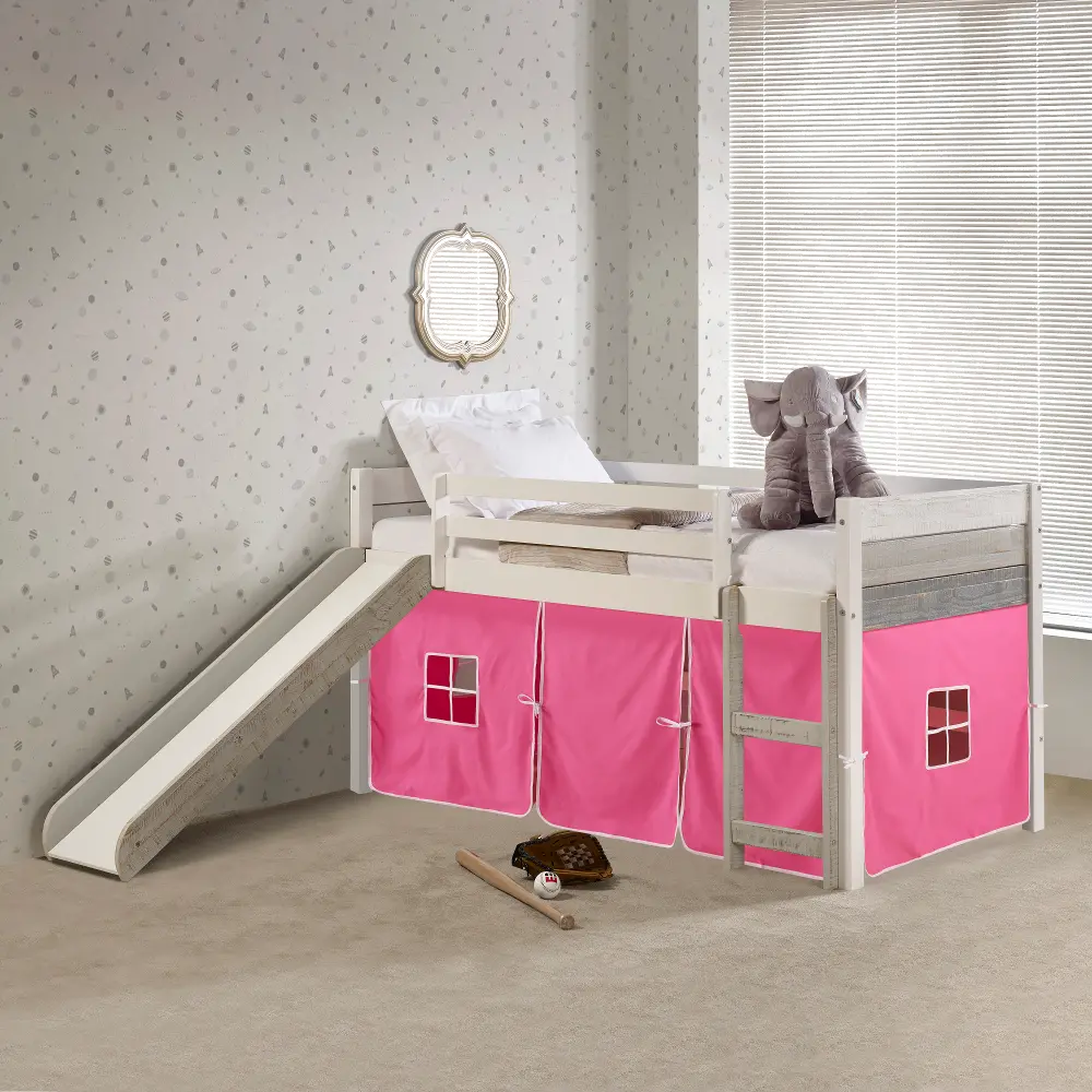 Bristol Twin Gray and White Low Loft Bed With Pink Tent-1