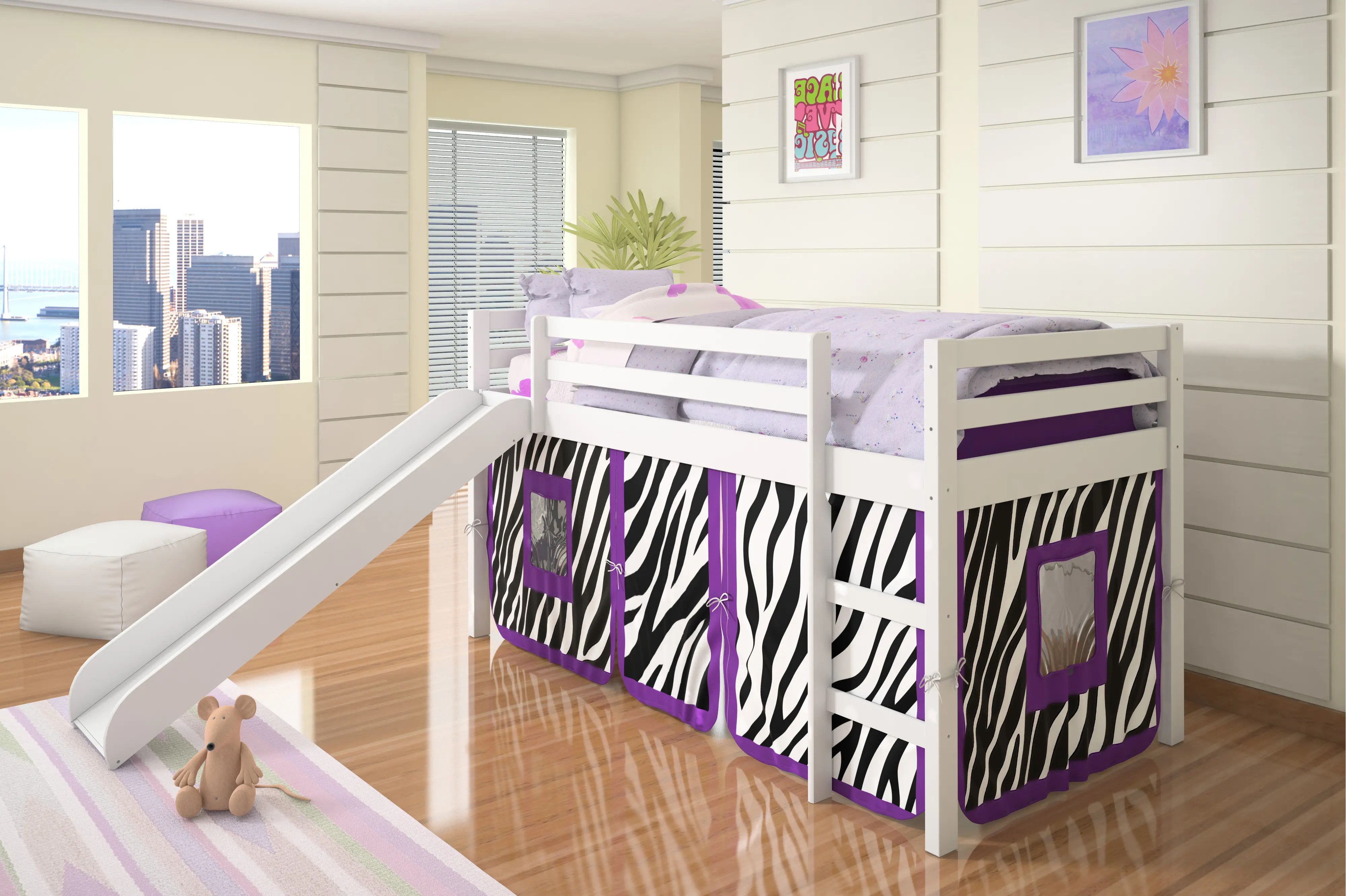 Photos - Bed Donco Trading Haven White Twin  with Purple Zebra Tent 750-TW 750C-TZ