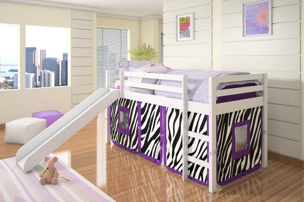 Haven White Twin Bed with Purple Zebra Tent