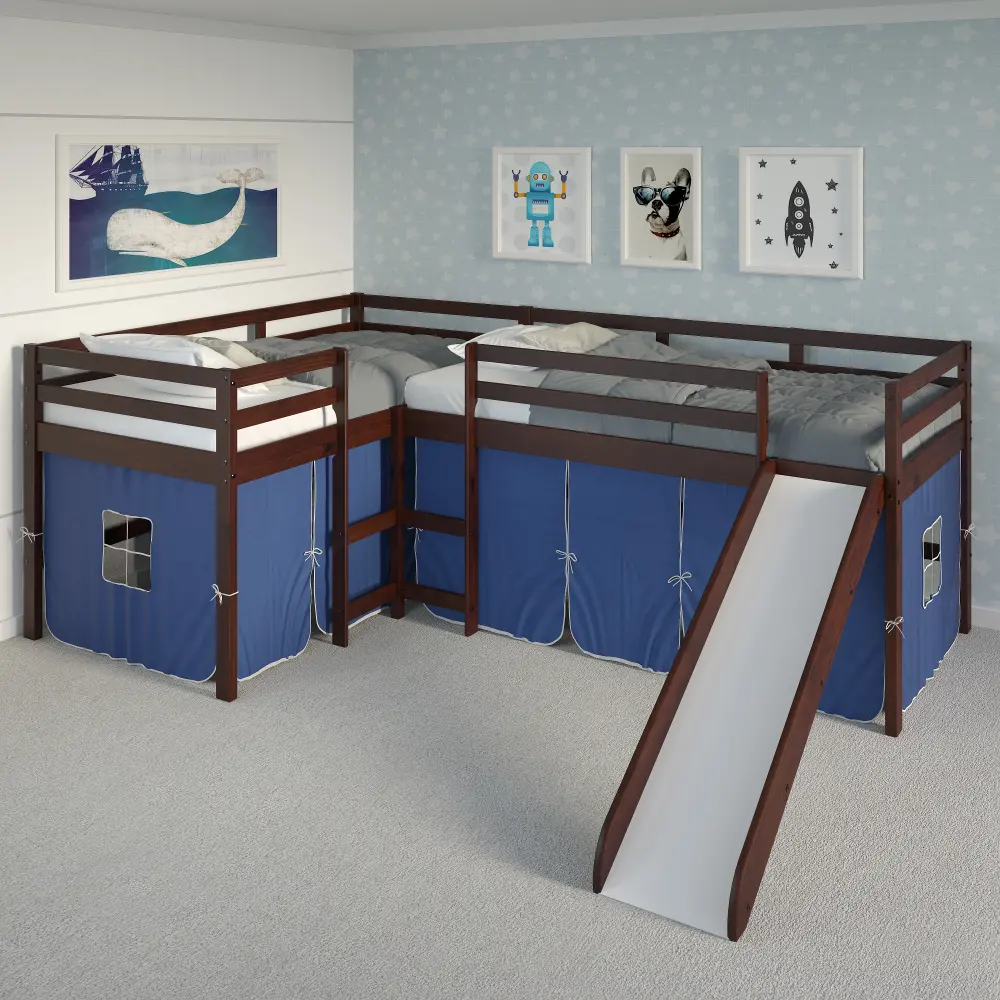 Haven Dark Cappuccino Twin L-Shaped Loft Bed with Blue Tent-1