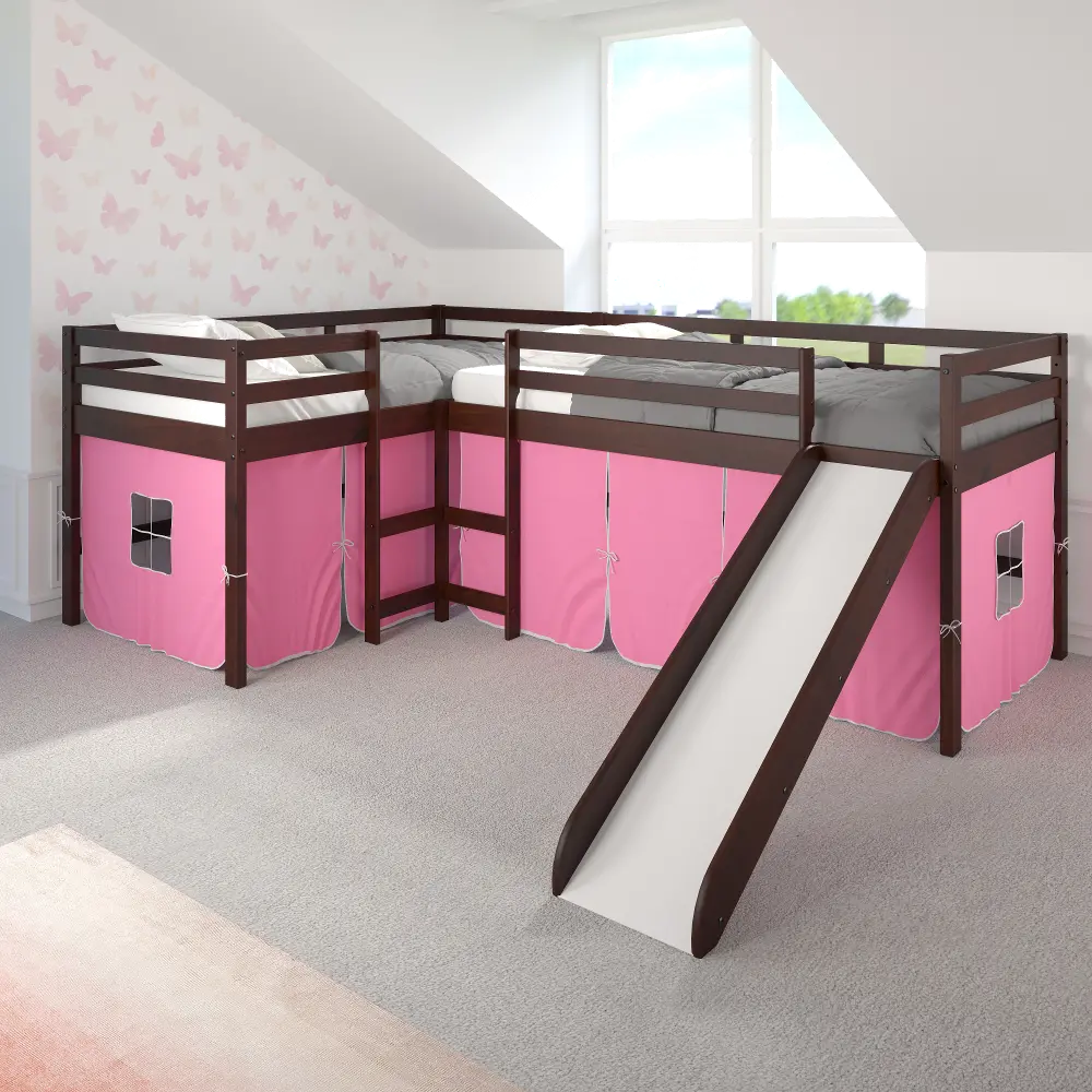 Haven Dark Cappuccino Twin L-Shaped Loft Bed with Pink Tent-1