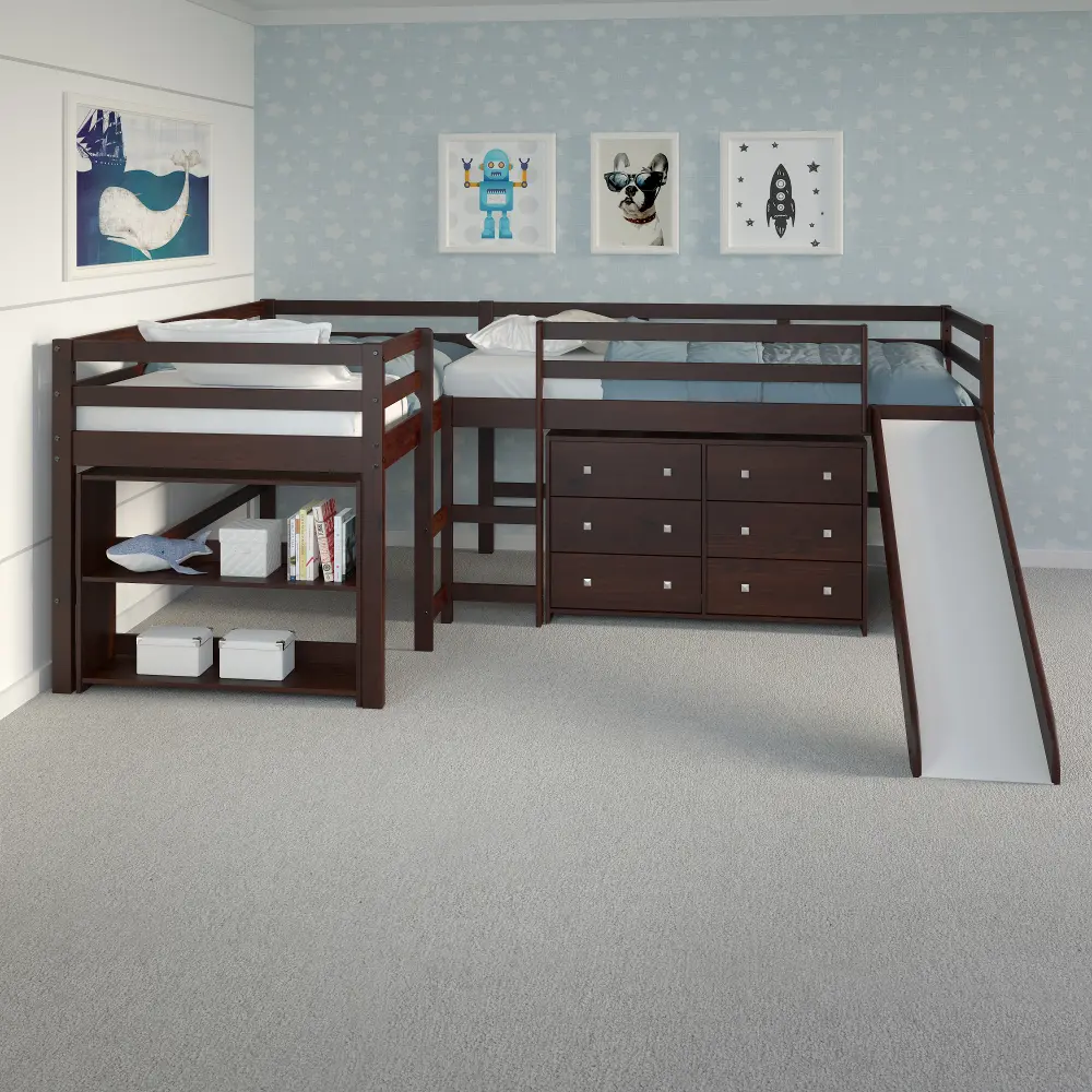 Haven Dark Cappuccino Twin L-Shaped Loft Bed with Loft Accessories-1