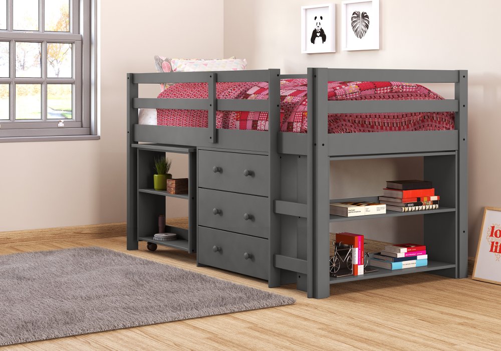 Kaycee Dark Gray Twin Loft Bed with Student Desk