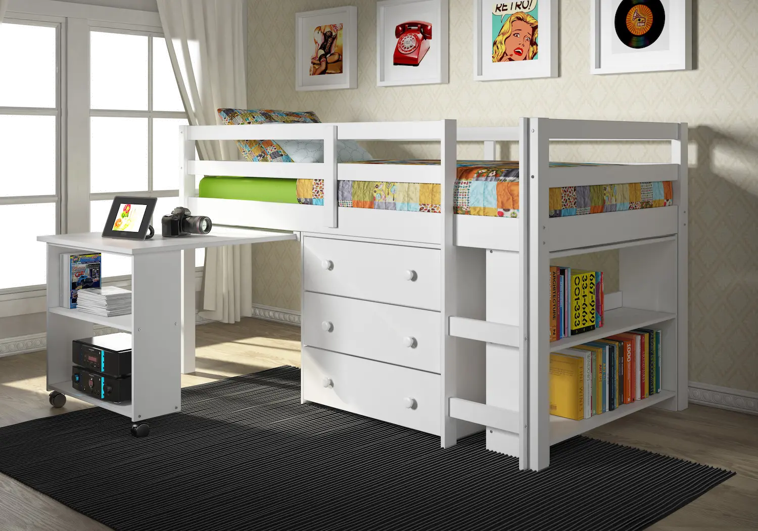Kaycee White Twin Loft Bed with Student Desk