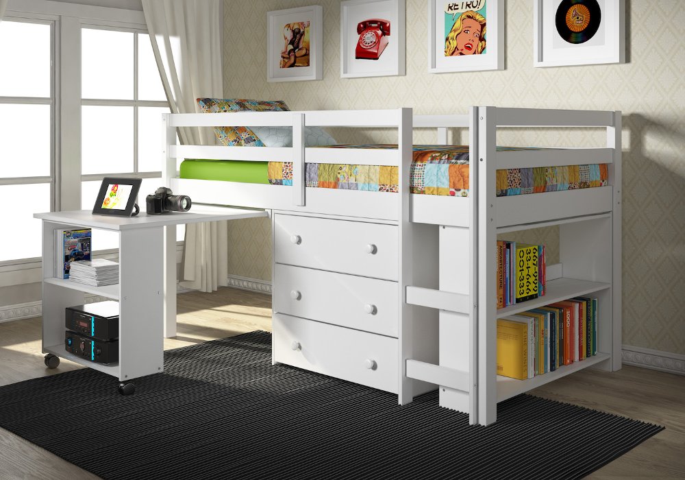 Kaycee White Twin Loft Bed with Student Desk