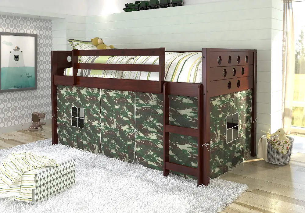 Boston Dark Brown Cappuccino Twin Loft Bed with Camo Tent-1