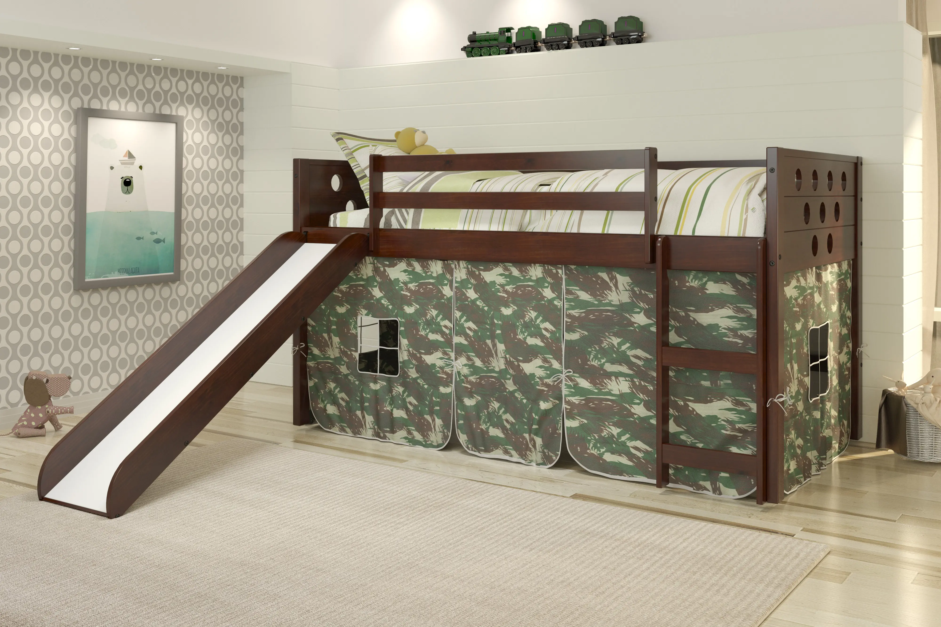 Boston Dark Brown Cappuccino Twin Loft Bed with Camo Tent and Slide