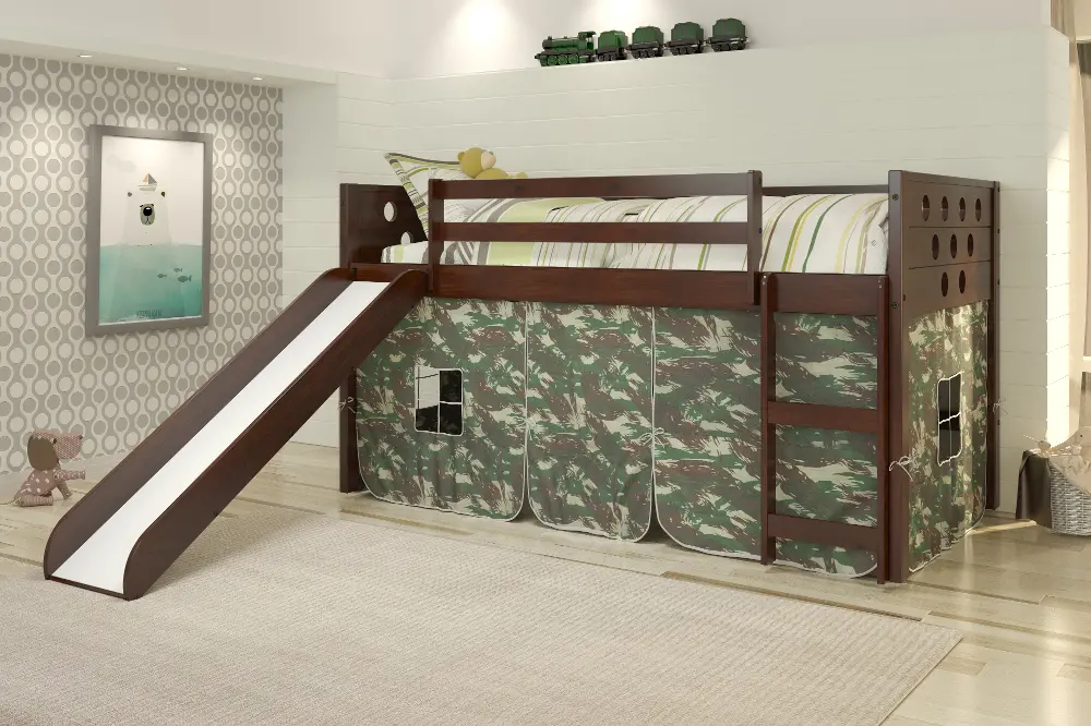 Boston Dark Brown Cappuccino Twin Loft Bed with Camo Tent and Slide-1