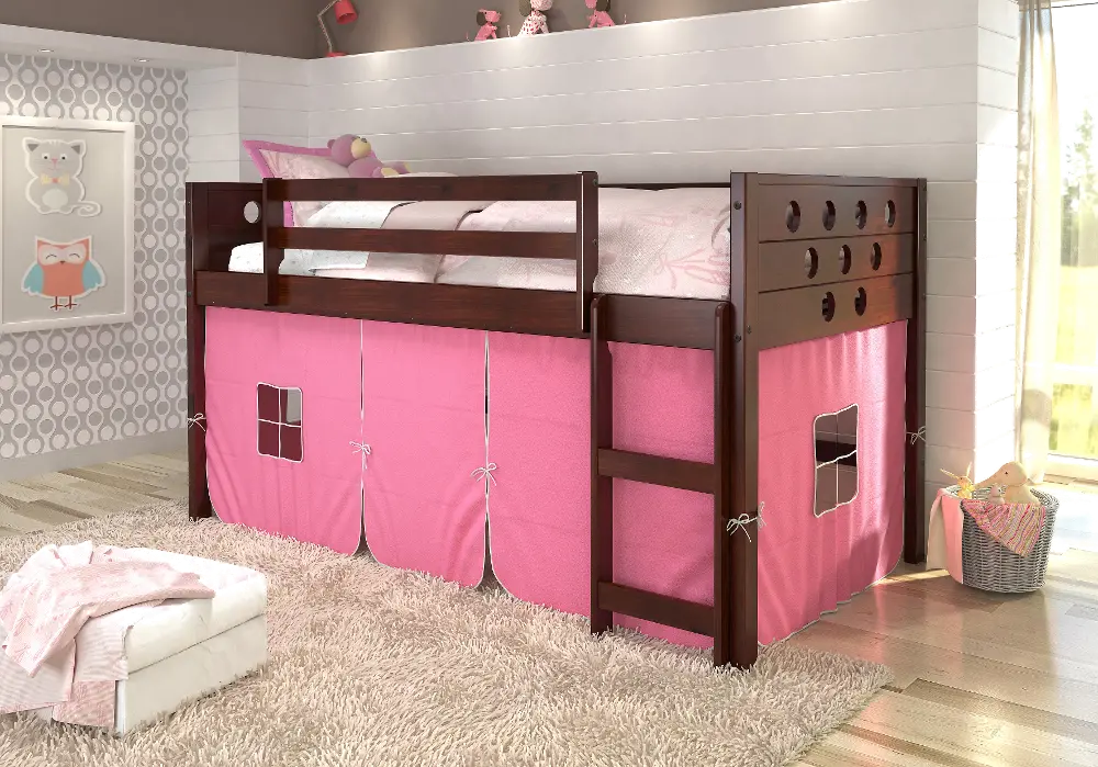 Boston Dark Brown Cappuccino Twin Loft Bed with Pink Tent-1