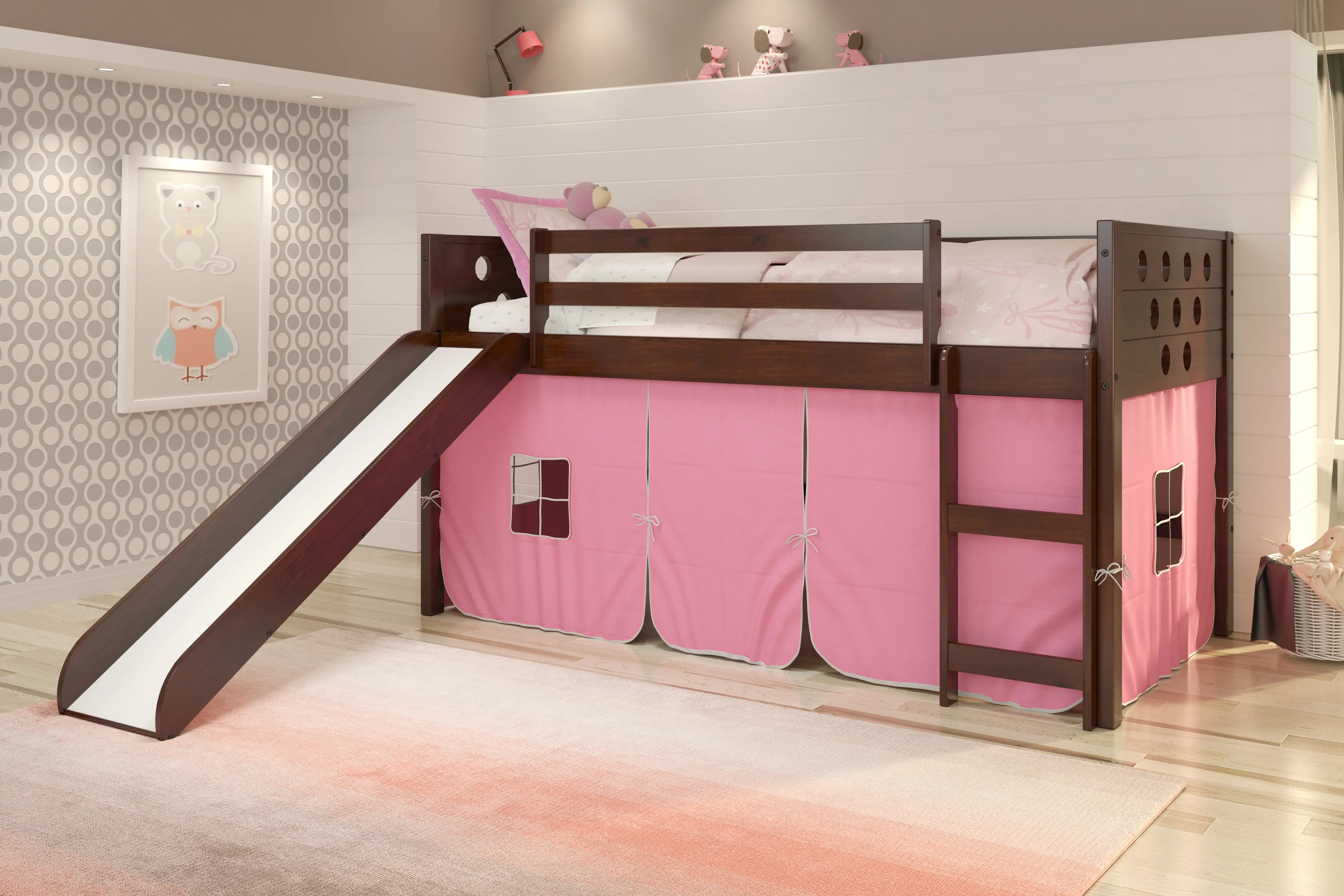 Boston Dark Brown Cappuccino Twin Loft Bed with Pink Tent and Slide