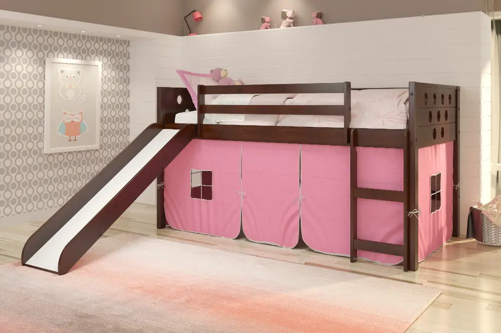 Boston Dark Brown Cappuccino Twin Loft Bed with Pink Tent and Slide-1
