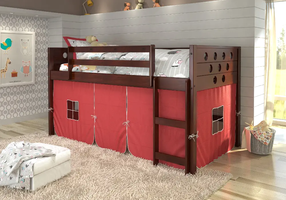 Boston Dark Brown Cappuccino Twin Loft Bed with Red Tent-1