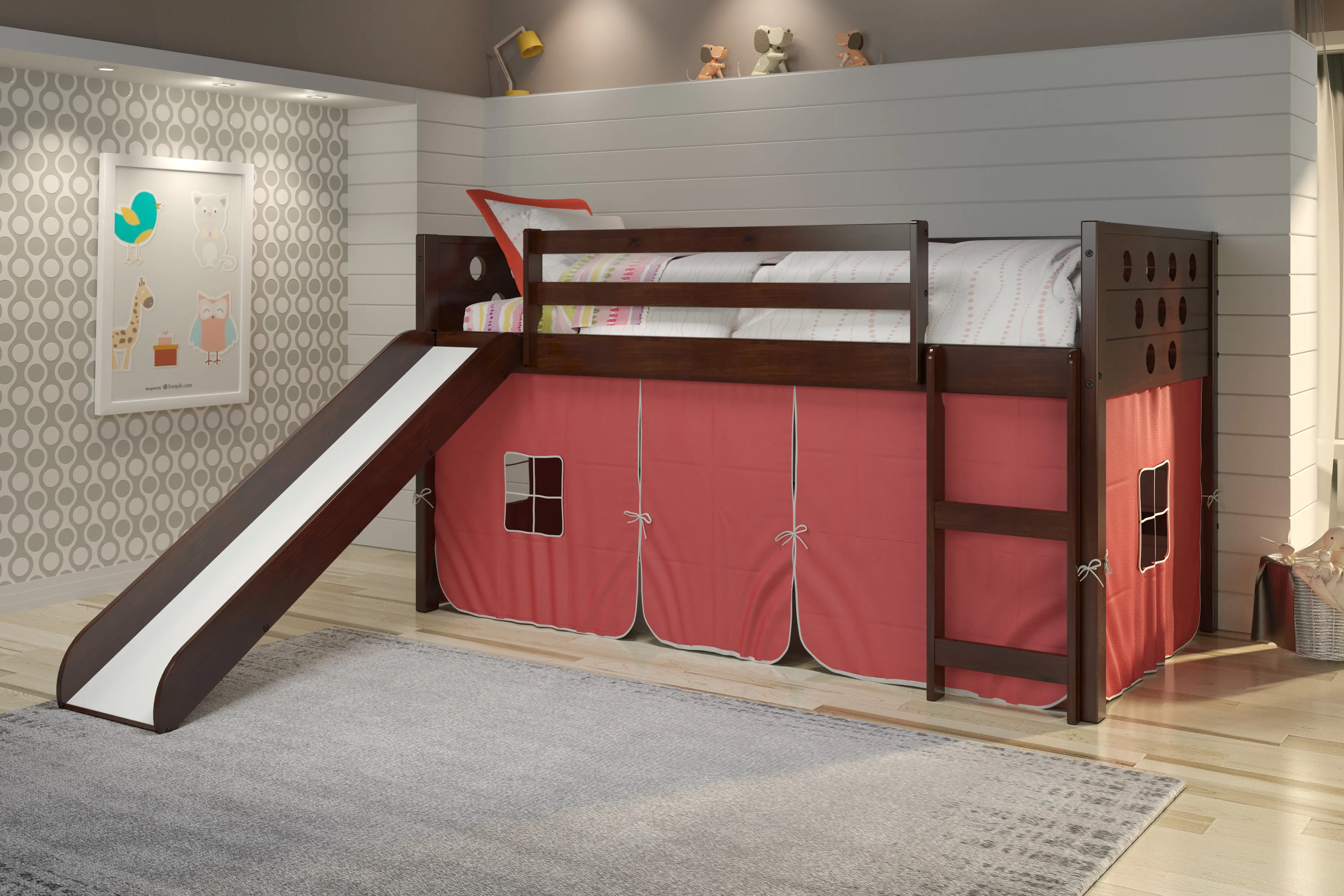 Boston Dark Brown Cappuccino Twin Loft Bed with Red Tent and Slide