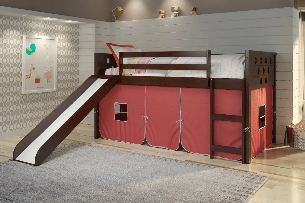 Boston Dark Brown Cappuccino Twin Loft Bed with Red Tent and Slide-1