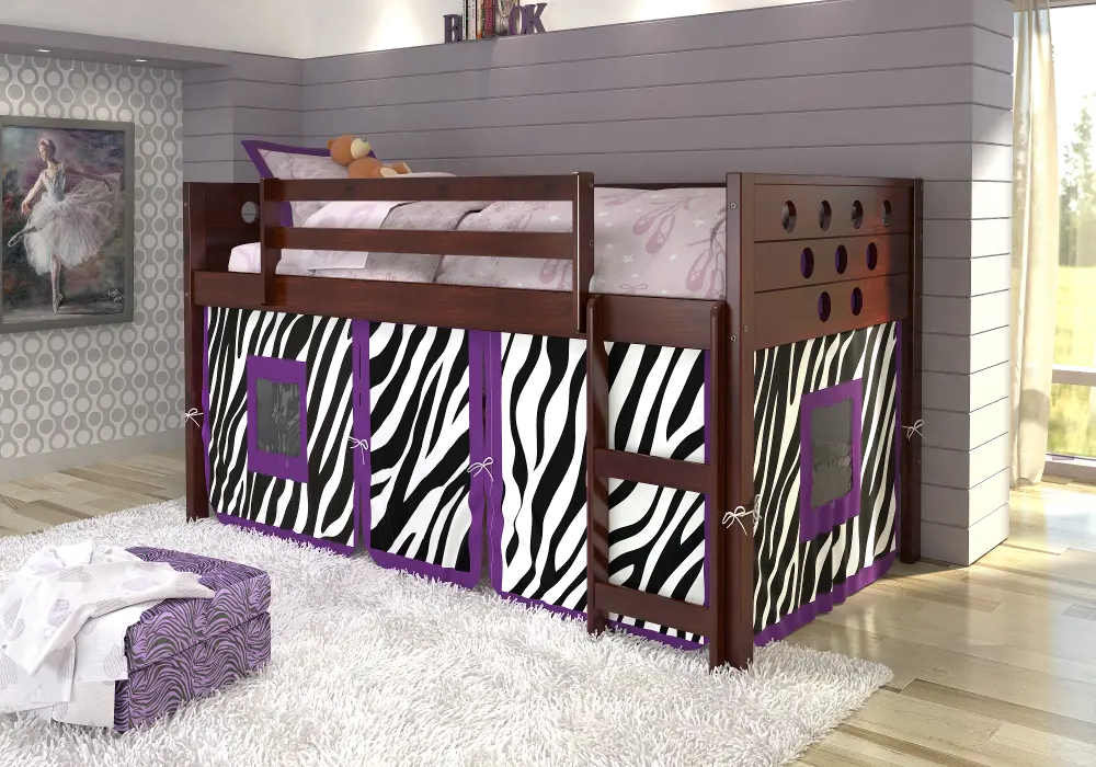 Boston Dark Brown Cappuccino Twin Loft Bed with Zebra Tent-1