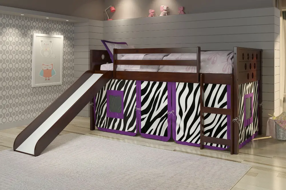 Boston Dark Brown Cappuccino Twin Loft Bed with Zebra Tent and Slide-1