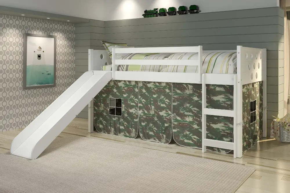 Boston White Twin Loft Bed with Camo Tent and Slide-1