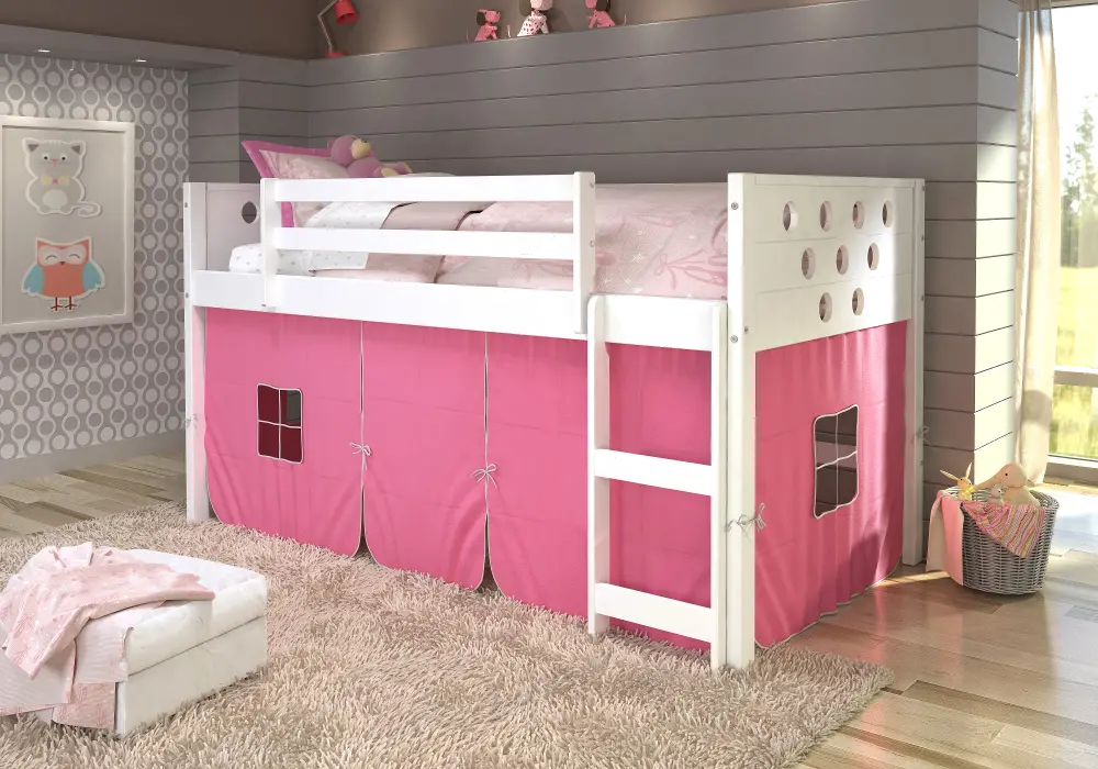 Boston White Twin Loft Bed with Pink Tent-1