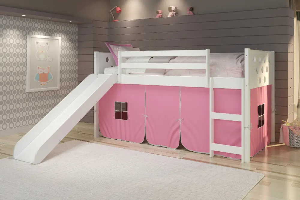 Boston White Twin Loft Bed with Pink Tent and Slide-1