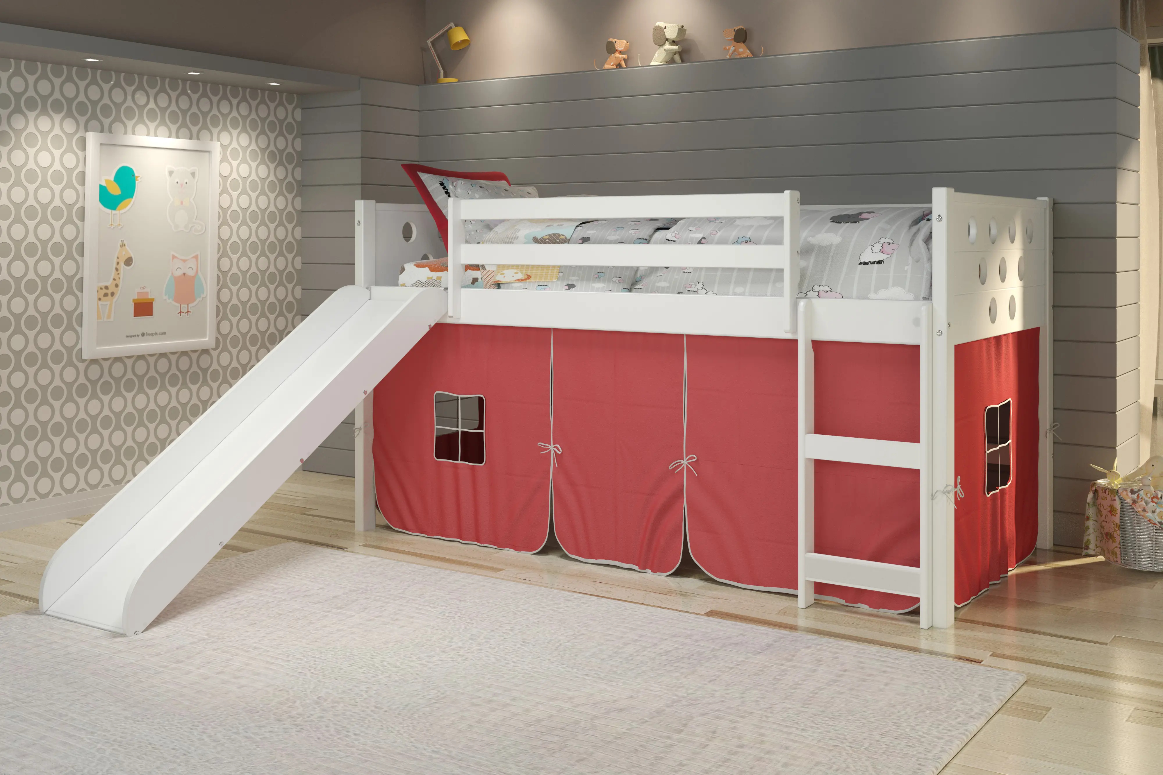 Photos - Bed Donco Trading Boston White Twin Loft  with Red Tent and Slide 780A-TW 7