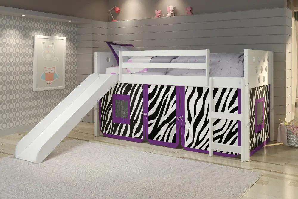 Boston White Twin Loft Bed with Zebra Tent and Slide-1
