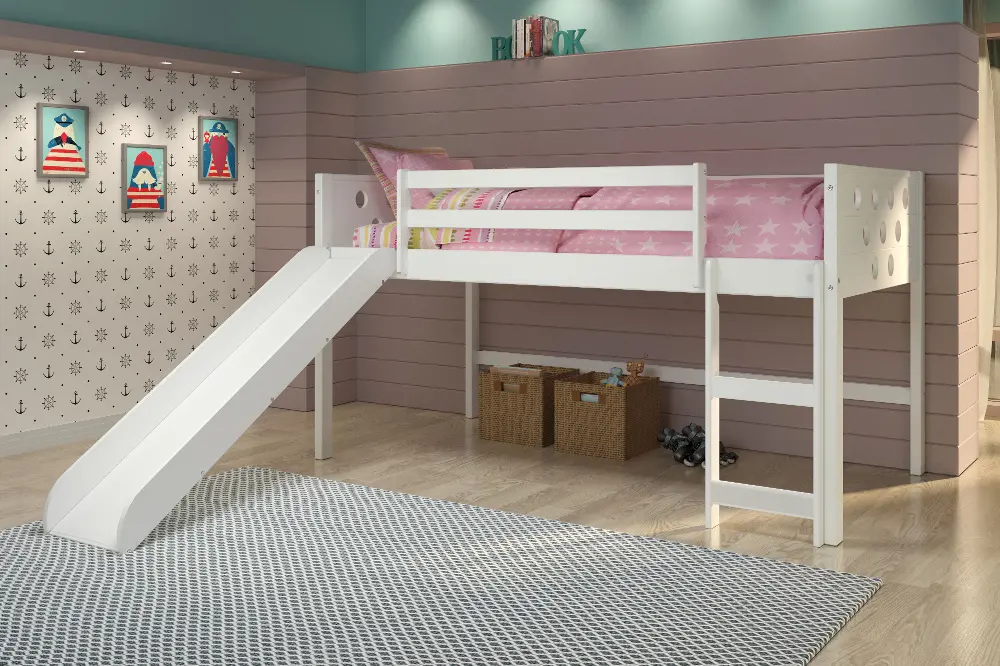 Boston White Twin Loft Bed with Slide-1