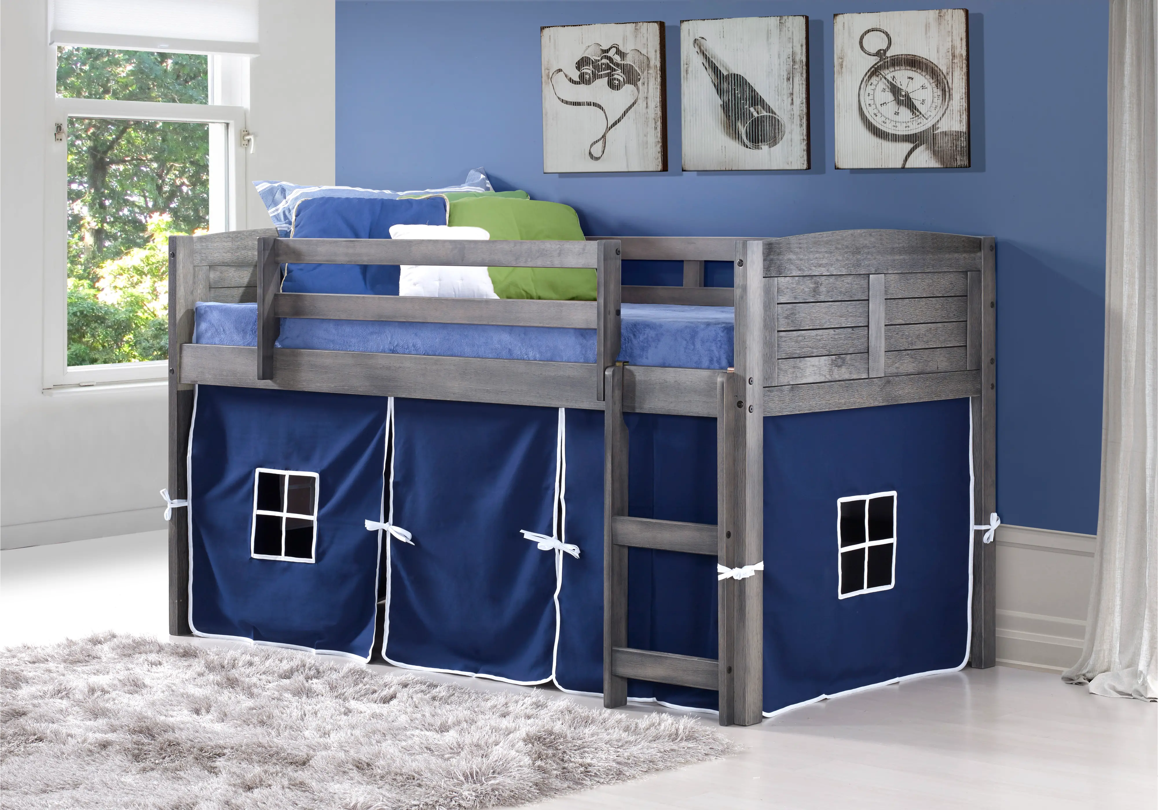 Louver Antique Gray Twin Loft Bed with Blue Tent