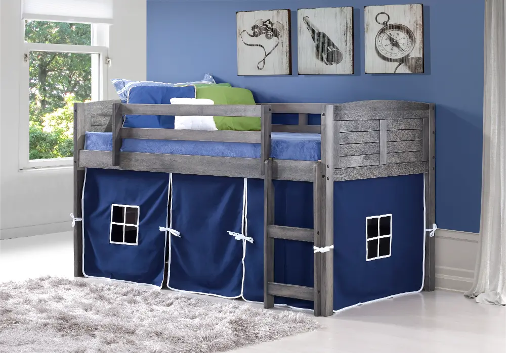Louver Antique Gray Twin Loft Bed with Blue Tent-1